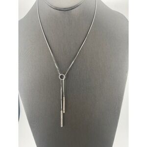 Sterling Silver CZ Lariat Y Necklace Adjustable Box Chain Pavé Bar Drop‎ Pendant